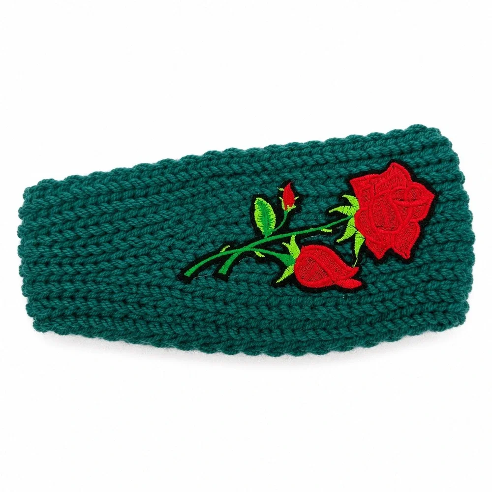 Floral Rose Embroidered Knit Ear Warmer Headband Teal Green Winter Headwrap NEW